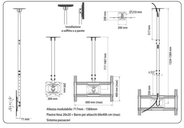 Supporto TV Da Soffitto Regolabile 32/75 Pollici Carico Max 40 Kg - immagine 2
