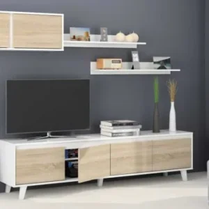 Mobile Soggiorno Avant 200x41x50h (base) Colore Bianco Lucido/Rovere Canadian