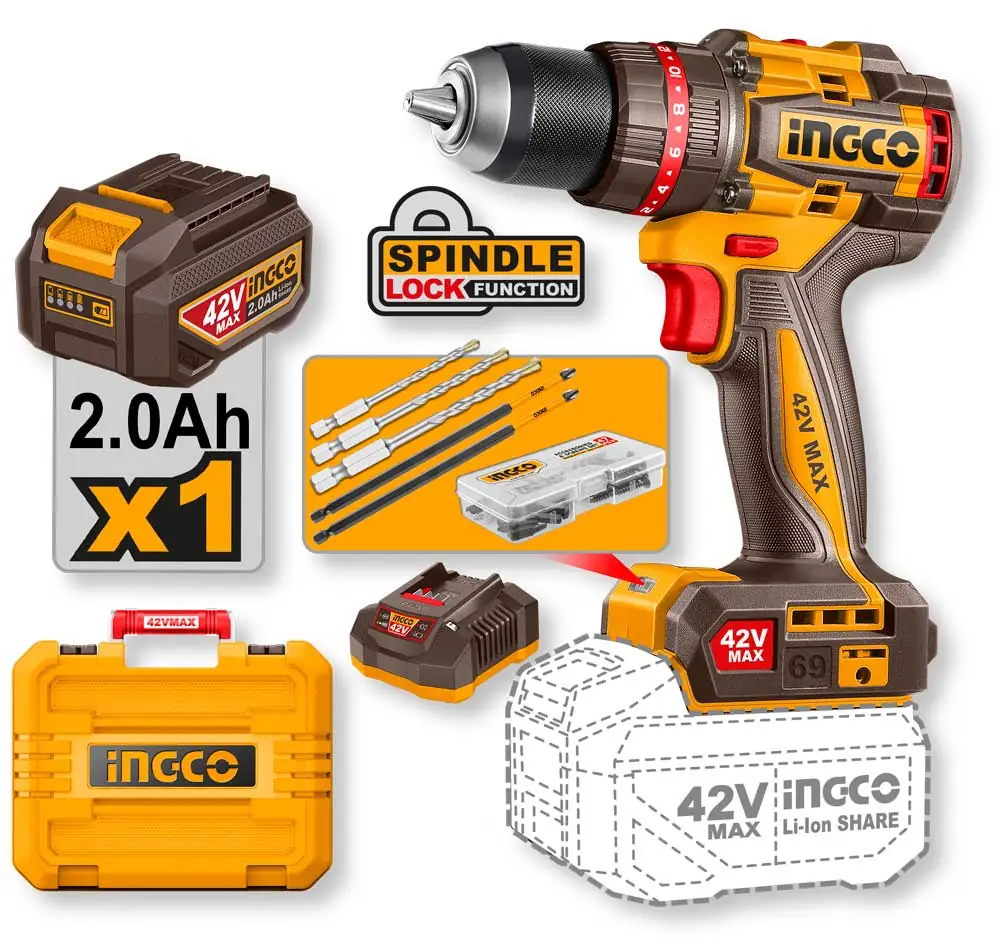 Trapano A Percussione 42V 69N.m 1 Batteria 2.0ah+Caricatore +Valigetta