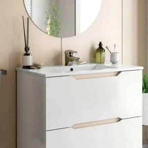 Mobile Bagno Lea 80 2 Cassetti Bianco Lucido - Rovere 80x45x80h